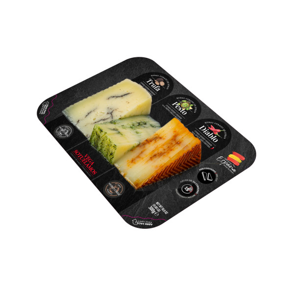 Tabla precortada Nº5 con cuñas de 100g Trufa Negra, 100g de Pesto y 100g de Diablo
